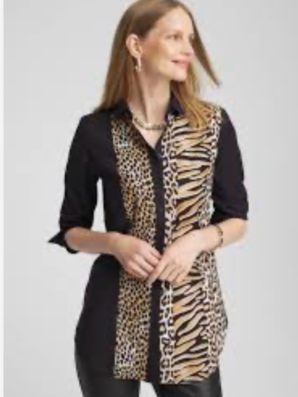 NWT Chico’s Women’s Size 4 (US 20) Animal Print Tunic Shirt Black Stretch Cotton